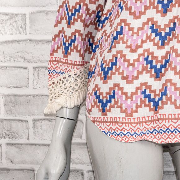 Roberta Roller Rabbit Women's Vneck Blouse Crochet cuffs multi color sz Small - Picture 8 of 9